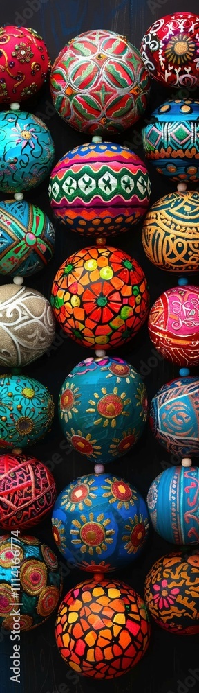 Design a high-angle view image featuring balls intricately designed to represent traditional dances 