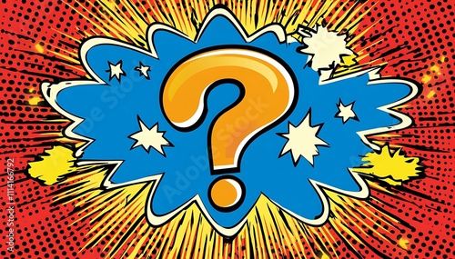 Pop art question mark in blue burst.