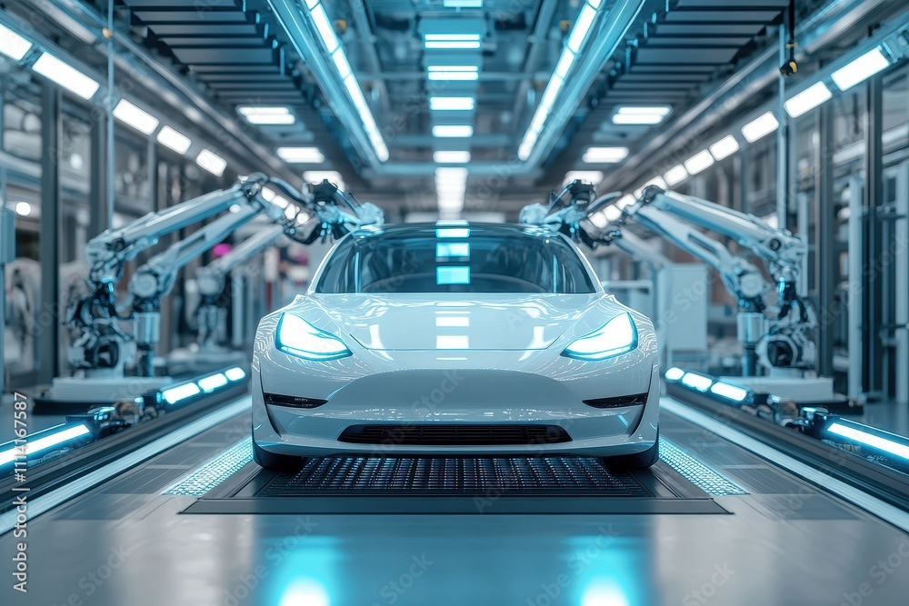 A modern electric car moving through an advanced production line in a high-tech automotive factory A modern electric car moving through an advanced production line in a high-tech automotive factory