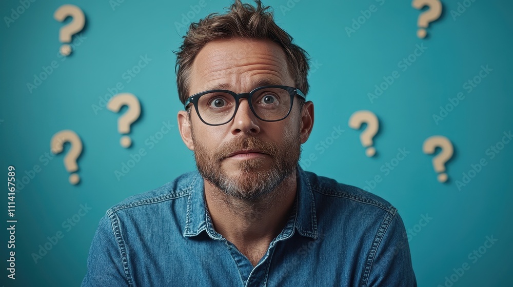 Portrait of a thoughtful man with glasses wearing a denim shirt, surrounded by illustrated question marks on a blue background, representing curiosity or confusion Portrait of a thoughtful man with glasses wearing a denim shirt, surrounded by illustrated question marks on a blue background, representing curiosity or confusion