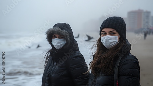 Families in masks at a foggy beach, focus on crashing gray waves, realistic, manipulation of blurred seagulls in distance, urban escape photo