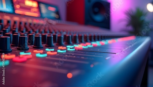 Neon-lit audio mixer in a vibrant studio, knobs and faders glowing, creating a dynamic and energetic atmosphere.