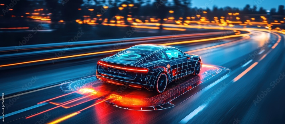Futuristic Electric Car on a Neon-Lit Highway at Night Showcasing Advanced Technology and Speed in a Vibrant Urban Environment Futuristic Electric Car on a Neon-Lit Highway at Night Showcasing Advanced Technology and Speed in a Vibrant Urban Environment