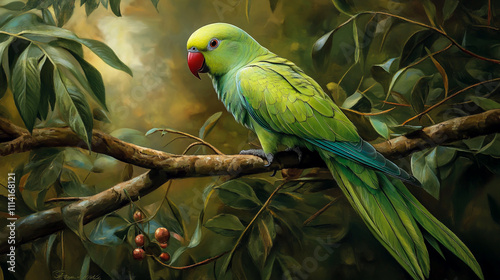 Vibrant green ringneck parakeet perched on a tree branch, surrounded by lush foliage. photo