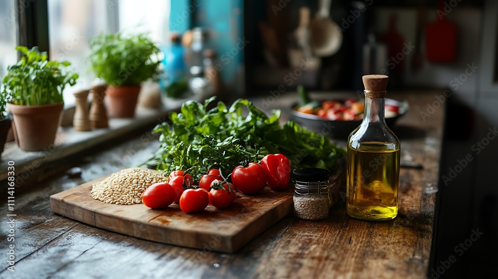 A selection of healthy foods, including fresh vegetables, whole grains, and a bottle of heart-healthy oil, arranged on a rustic kitchen table A selection of healthy foods, including fresh vegetables, whole grains, and a bottle of heart-healthy oil, arranged on a rustic kitchen table