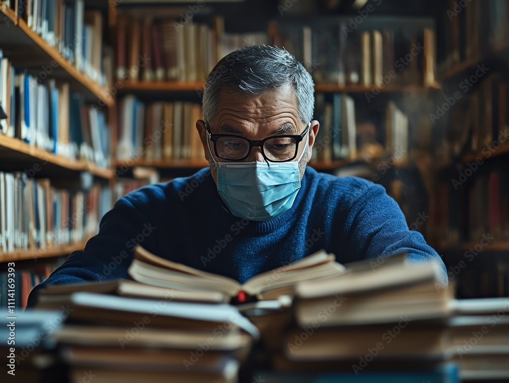 Librarian in a mask sorting books in a dusty fogfilled library, focus on old book spines, realistic, double exposure with sunlight filtering through, wisdom clouded Librarian in a mask sorting books in a dusty fogfilled library, focus on old book spines, realistic, double exposure with sunlight filtering through, wisdom clouded