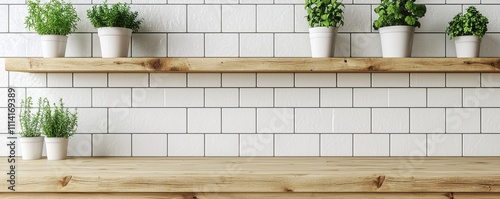 Serene kitchen setting with white tiled wall and light wooden countertop featuring assorted potted plants