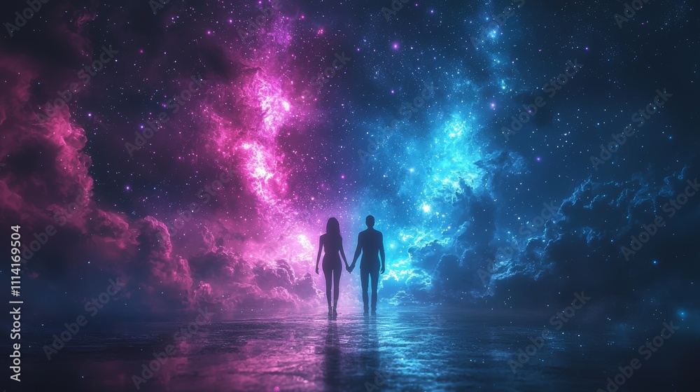 Fototapeta premium Silhouetted Couple Holding Hands Against a Cosmic Background of Stars and Colorful Nebulae in an Enigmatic Universe