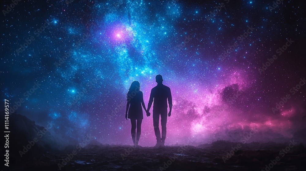 Obraz premium Enchanting Silhouette of a Couple Holding Hands Under a Cosmic Sky Filled with Stars and Colorful Nebulae at Night