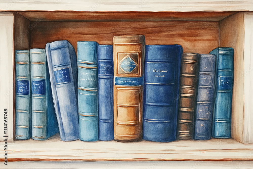 Naklejka premium Serene Book Nook: Watercolor painting of antique books on a wooden shelf, evoking a sense of tranquility and knowledge. 
