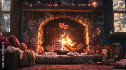 a quaint fireplace casts a gentle glow, creating an ambiance of coziness and comfort. Hovering above a steaming mug of hot cocoa are heart-shaped marshmallows