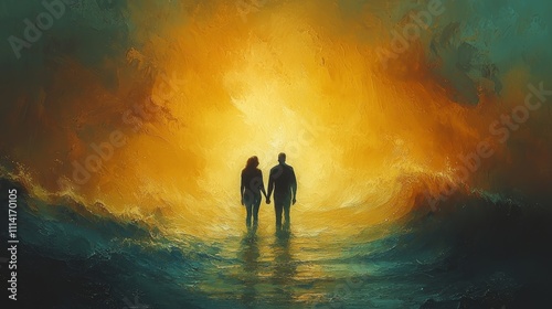 Couple Holding Hands Walking Towards Vibrant Horizon in Dramatic Ocean Landscape with Golden and Turquoise Tones