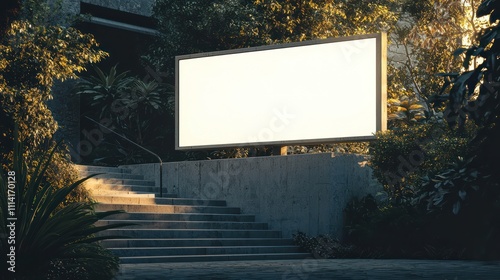 A mockup of a blank billboard template next to stairs, designed for out-of-home media displays. photo