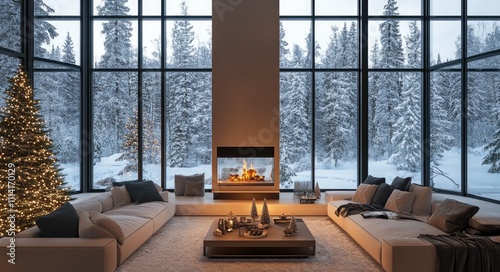 A modern living room with floor-to-ceiling windows, a large sofa, and a fireplace in the center, overlooking snowy mountains outside