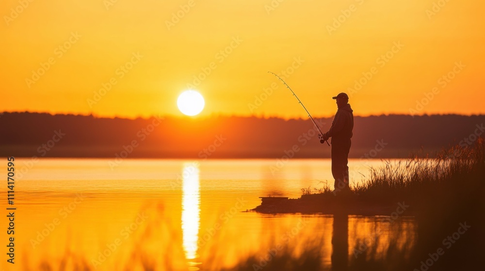 Man fishing on a quiet beach at sunset, soft golden light reflecting on the water, peaceful and solitary, serene and calming atmosphere Man fishing on a quiet beach at sunset, soft golden light reflecting on the water, peaceful and solitary, serene and calming atmosphere