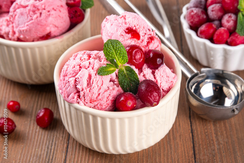 Homemade cranberry ice cream, creamy winter berry gelato with fresh cranberry and mint sprig in ceramic bowl