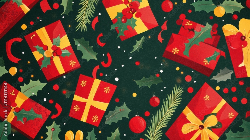 Christmas gift items pattern on red and green background festive graphic design holiday cheer concept Christmas gift items pattern on red and green background festive graphic design holiday cheer concept