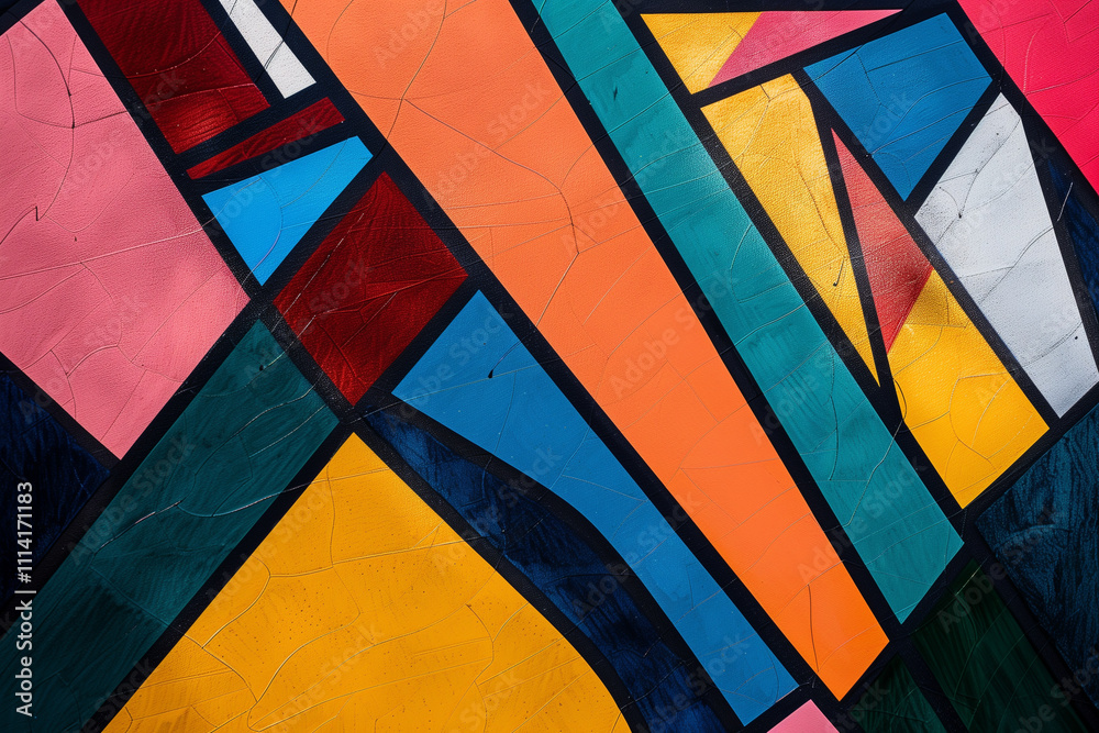 Fototapeta premium Overlapping geometric shapes, each filled with a different vivid color, creating a harmonious abstract line art design.
