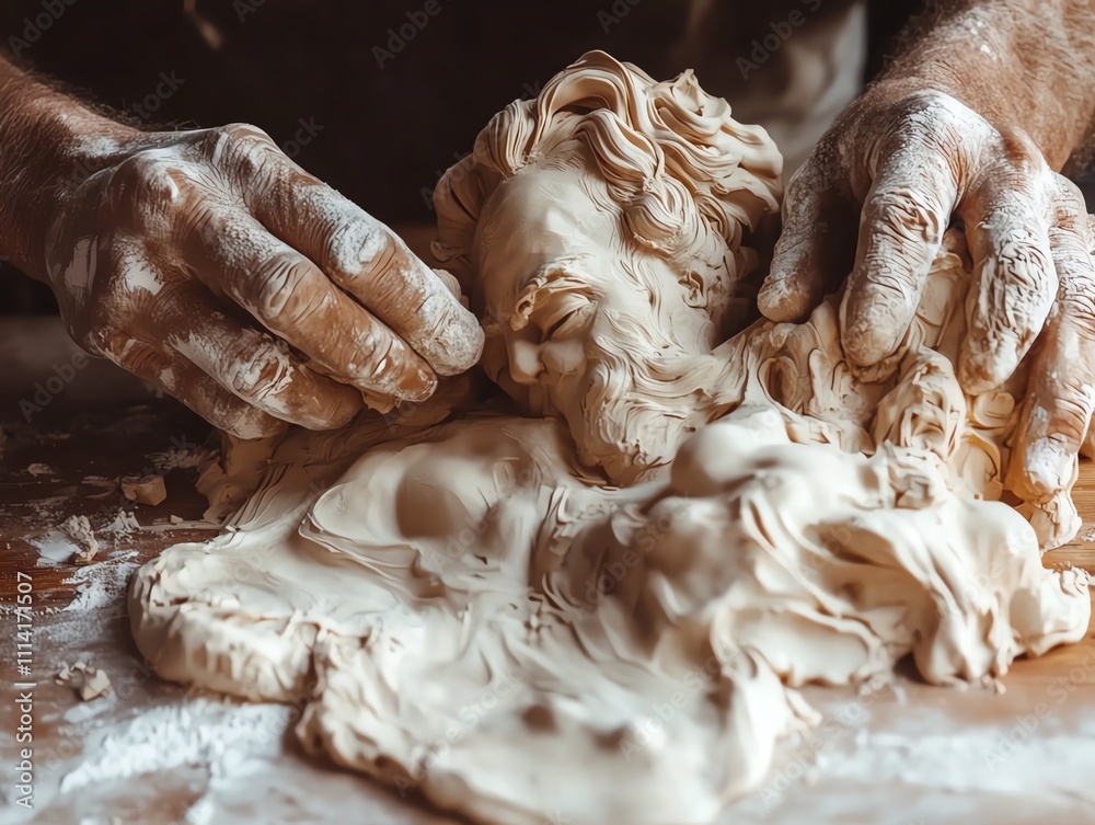 Artists in masks sculpting clay under a heavy urban mist, closeup on hands molding figures, vibrant, composite with shadows of cityscape looming, creation in haze Artists in masks sculpting clay under a heavy urban mist, closeup on hands molding figures, vibrant, composite with shadows of cityscape looming, creation in haze