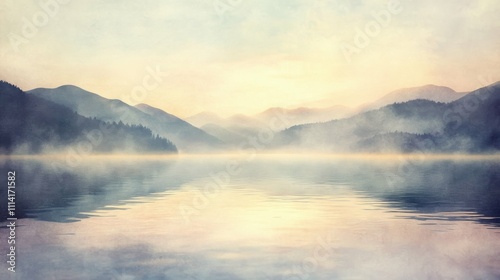 A soft watercolor depiction of a tranquil lake at dawn, surrounded by misty hills, with delicate reflections of the sunrise on the water. The atmosphere conveys peace and the beauty of a new day.