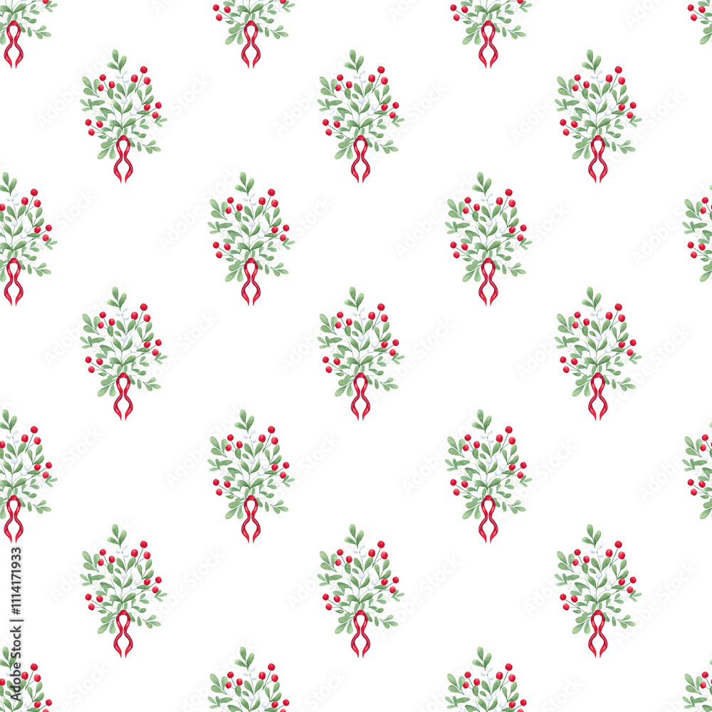 Watercolour mistletoe bunch seamless pattern with white and red berries. Christmas cards, wrapping, wallpaper Watercolour mistletoe bunch seamless pattern with white and red berries. Christmas cards, wrapping, wallpaper