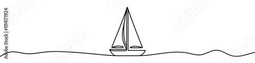One continuous line illustration of a boat or yacht, isolated on white background. Line art of a boat or yacht