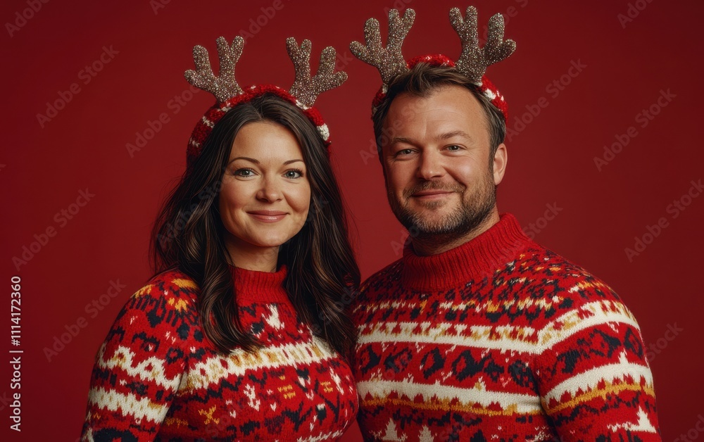 Festive couple smiling in Christmas sweaters and reindeer antlers against a red background, celebrating the holiday season with joy and warmth