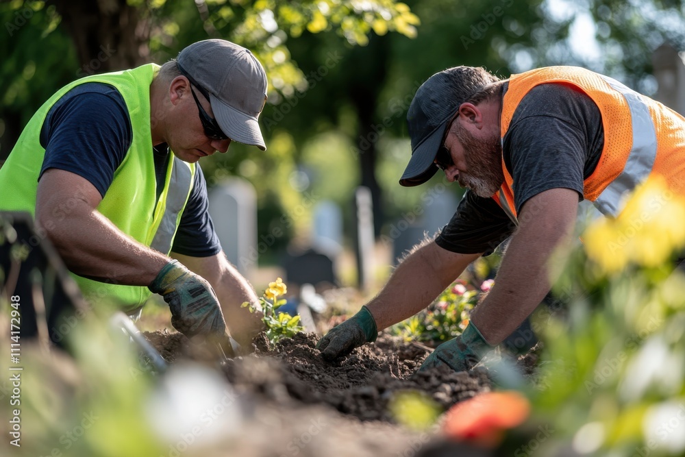 Two workers in reflective vests diligently planting flowers, emphasizing the importance of beautification and care in remembrance spaces such as cemeteries. Two workers in reflective vests diligently planting flowers, emphasizing the importance of beautification and care in remembrance spaces such as cemeteries.