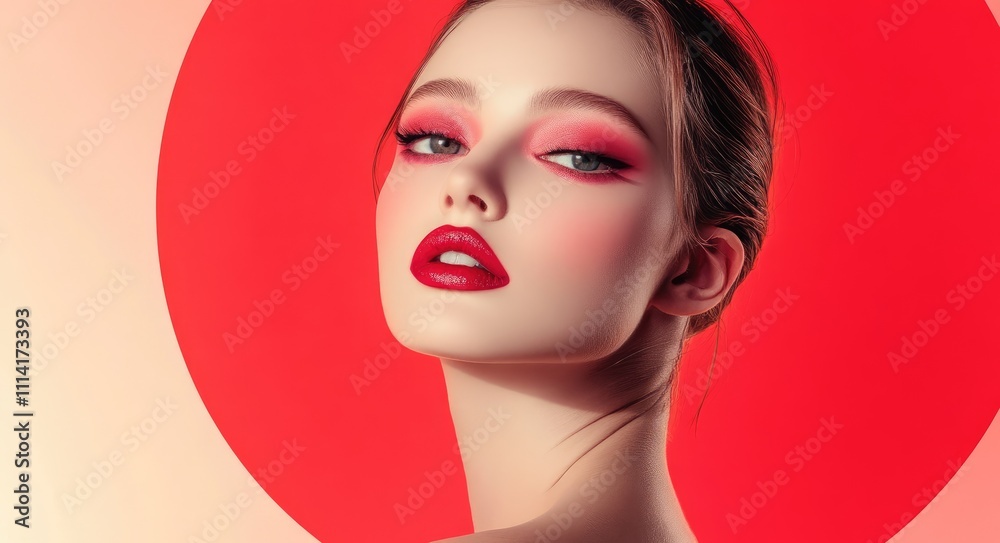 Minimalist red makeup on the face of an attractive woman with full lips, against a pink background Minimalist red makeup on the face of an attractive woman with full lips, against a pink background