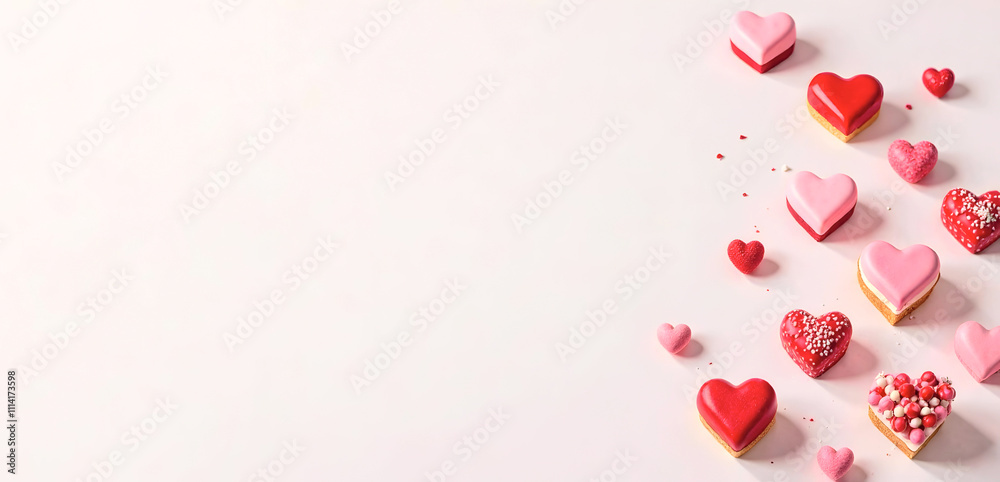 A delightful arrangement of colorful heart-shaped desserts on a soft white background. Perfect for Valentine's Day advertisements, bakery catalogs, or romantic event visuals. Selective focus A delightful arrangement of colorful heart-shaped desserts on a soft white background. Perfect for Valentine's Day advertisements, bakery catalogs, or romantic event visuals. Selective focus