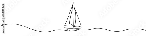 One continuous line illustration of a boat or yacht, isolated on white background. Line art of a boat or yacht
