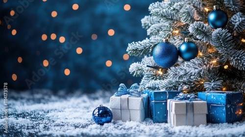 Merry Christmas holiday celebration greeting card background - Frozen white christmas tree with snow, blue christmas baubles ornaments and gift boxes on floor