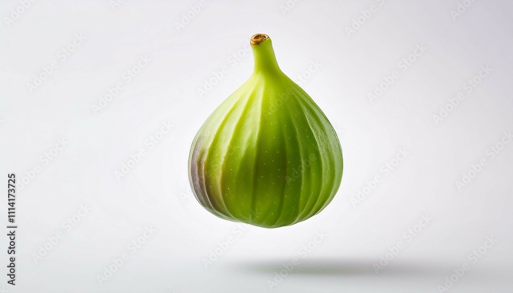 Obraz premium singular green fig suspended mid air against a stark white background capturing its rich texture and vibrant hue with precision and clarity