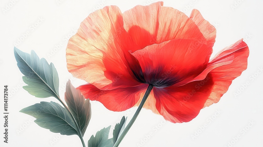 Red poppy with green leaves displayed transparent Red poppy with green leaves displayed transparent