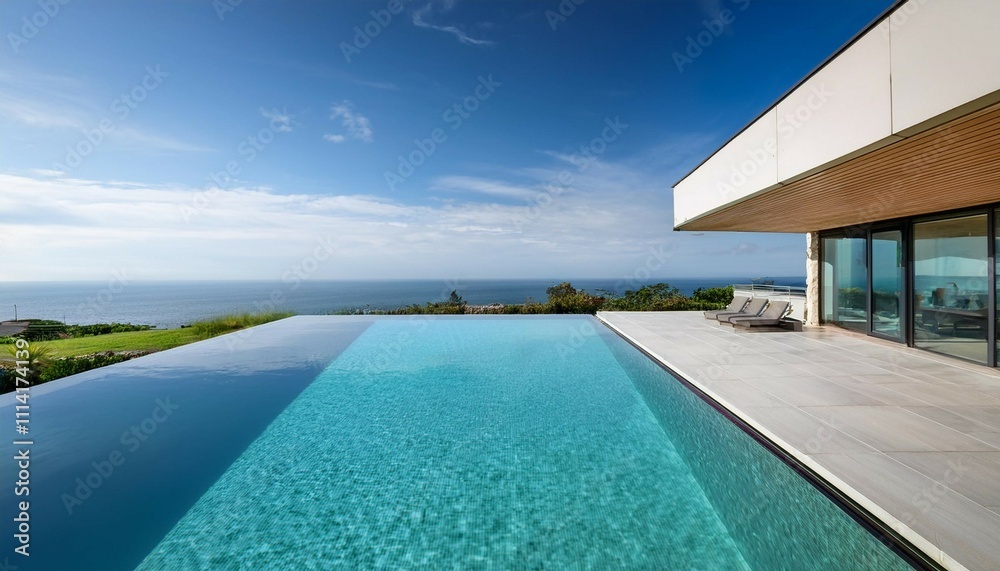 Fototapeta premium a modern infinity pool overlooking the sea with large windows and flat roof tiles the light grey limestone floor leads to a grassy lawn showcasing the contemporary architecture