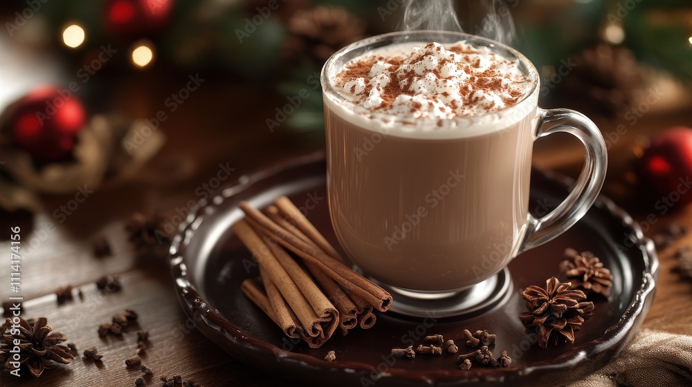 A steaming cup of hot cocoa with cream and cinnamon sticks in christmas-themed table setting A steaming cup of hot cocoa with cream and cinnamon sticks in christmas-themed table setting