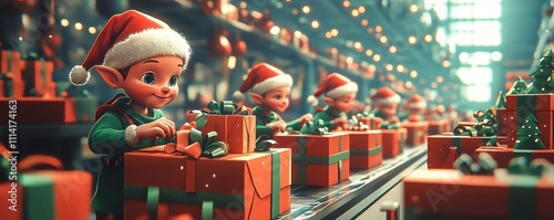 Elves make Christmas and New Year gifts on an assambly line, Santas present factory for the production of gifts, illustration