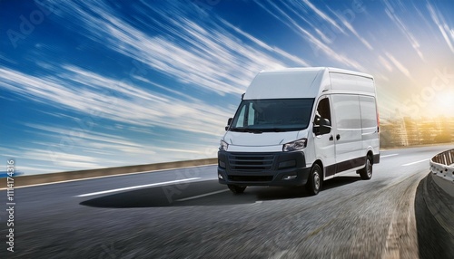 white modern cargo van speeding on motorway to city for express delivery service business logistics and distribution digital illustration