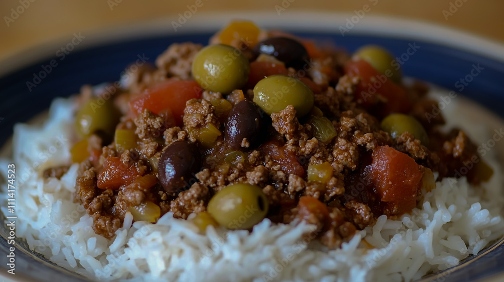 Traditional Cuban picadillo dish, ground beef stewed with tomatoes, olives, and raisins, served over white rice Traditional Cuban picadillo dish, ground beef stewed with tomatoes, olives, and raisins, served over white rice