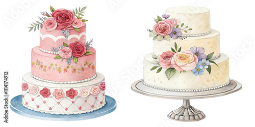 wedding cake birthday watercolor set painting drawing cut out isolated on white background