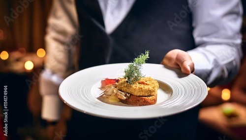 closeup of a dish in waiter s hand serving food photo