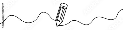 One continuous line illustration of a pencil, isolated on white background. Line art of pencil.