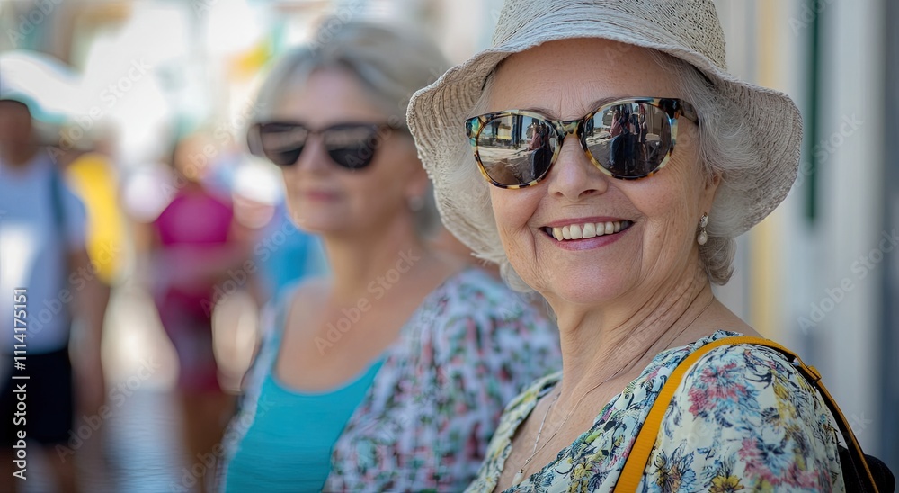 A group of happy elderly women on vacation, walking through the streets in their colorful and sunglasses A group of happy elderly women on vacation, walking through the streets in their colorful and sunglasses
