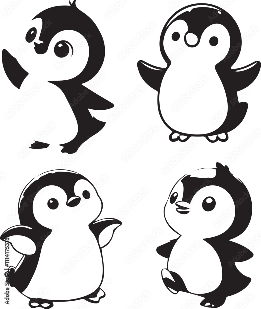 Fototapeta premium Adorable Baby Penguin Silhouettes - Cute Cartoon Vector Art Collection