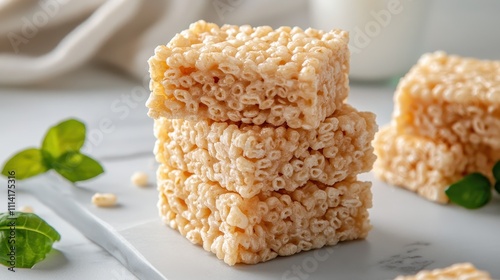 Stacked Rice Cereal Treats with Soft Lighting and White Background