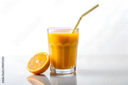 Glass of orange juice and orange on white background