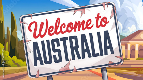 Modern flat illustration of welcome to Australia text greeting card banner background design