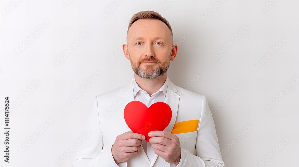 Caucasian male holding heart, adult man in white suit, valentine's concept Caucasian male holding heart, adult man in white suit, valentine's concept