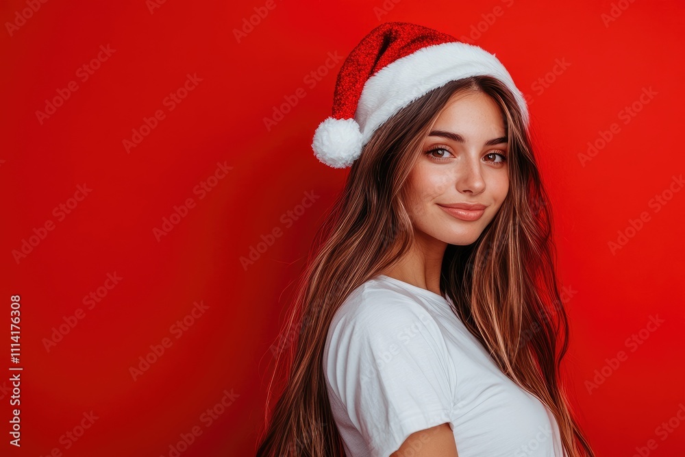 Portrait of a beautiful woman with long hair, wearing a white T-shirt and a Santa hat, with a smiling face on a red background Portrait of a beautiful woman with long hair, wearing a white T-shirt and a Santa hat, with a smiling face on a red background