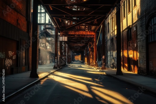 An industrial bridge in the evening light, its rusted beams and metal supports casting long shadows over a forgotten commercial district filled with abandoned stores. photo